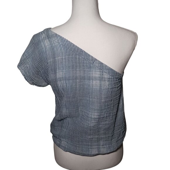 Bella Dahl One-Shoulder Tie Front Blue/White Striped Cotton Blouse S - Picture 3 of 12